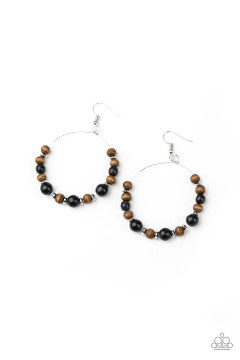 Forestry Fashion - Oversized Black/Brown Stone/Wood Accent Hoop Earrings E#2133