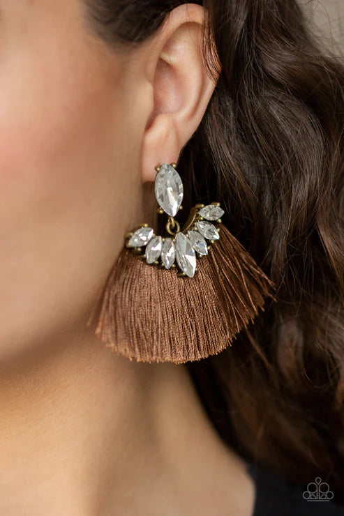 Formal Flair - Oversized Brown Solitaire Marquise Cut Plume Crowned Encrusted Fringe Earrings E#2376