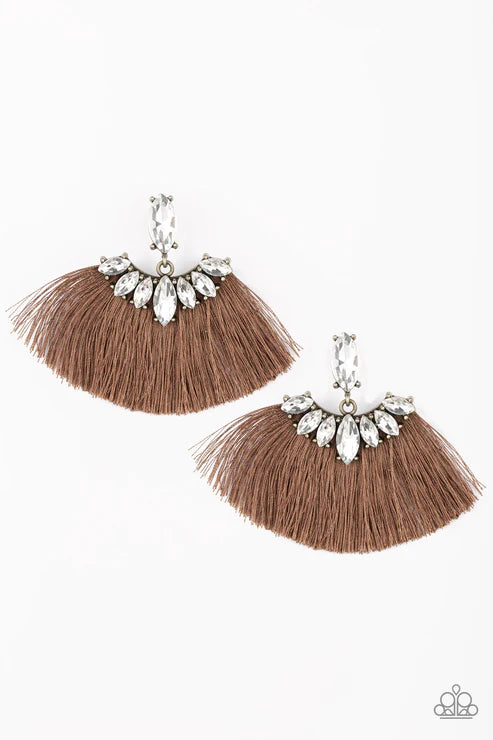 Formal Flair - Oversized Brown Solitaire Marquise Cut Plume Crowned Encrusted Fringe Earrings E#2376