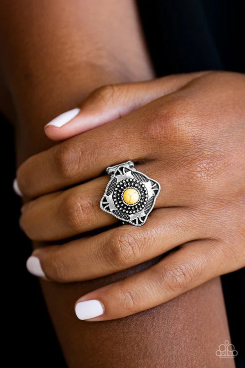 Four Corners Fashion - Yellow Embossed Studded Tilted Square Stone Tribal Ring R#1779