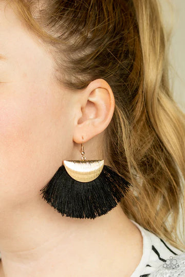 Fox Trap - Black/Gold Crescent Foxy Fan Flared Fringe Earrings E#1400