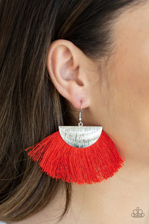 Fox Trap - Red/Silver Crescent Foxy Fan Flared Fringe Earrings E#1814