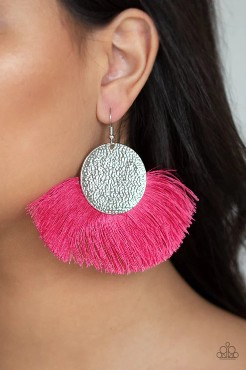 Foxtrot Fringe - Oversized Pink Hammered Disc Foxy Flared Fan Fringe Earrings E#2187