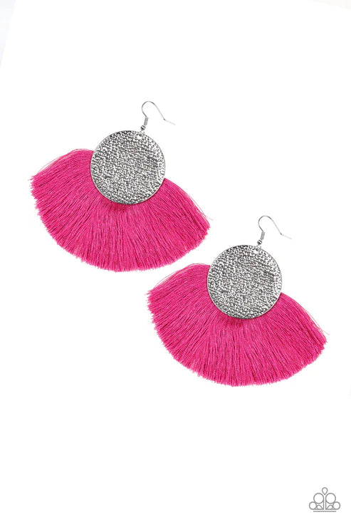 Foxtrot Fringe - Oversized Pink Hammered Disc Foxy Flared Fan Fringe Earrings E#2187