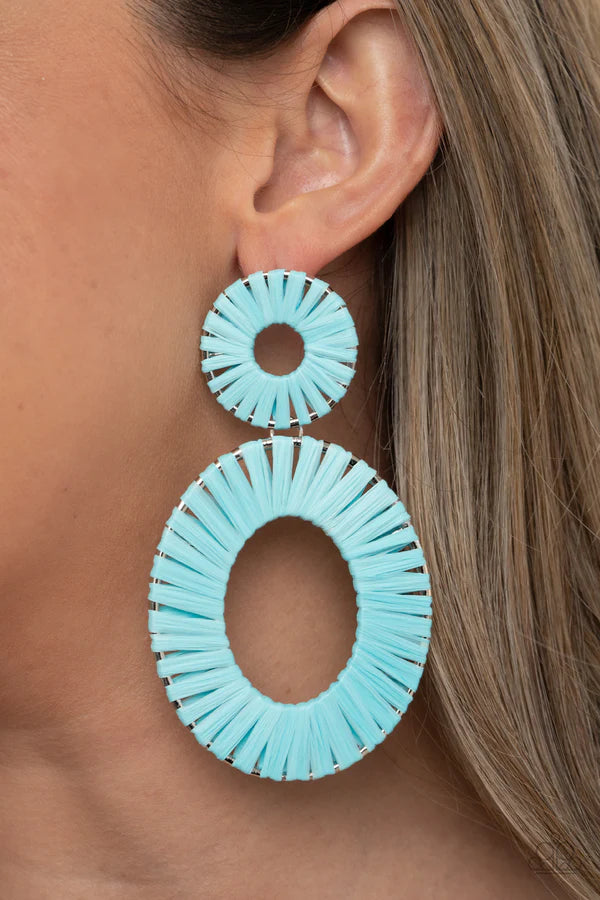 Foxy Flamenco - Oversized Blue Oval/Circular Cerulean Wicker Accent Earrings E#080