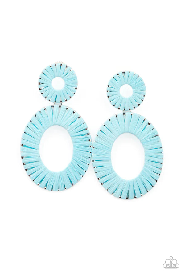 Foxy Flamenco - Oversized Blue Oval/Circular Cerulean Wicker Accent Earrings E#080
