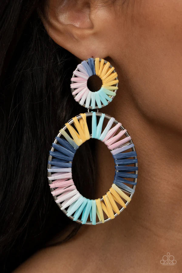 Foxy Flamenco - Oversized Multi Tie Dyed Oval/Circular Cerulean Wicker Accent Earrings E#717