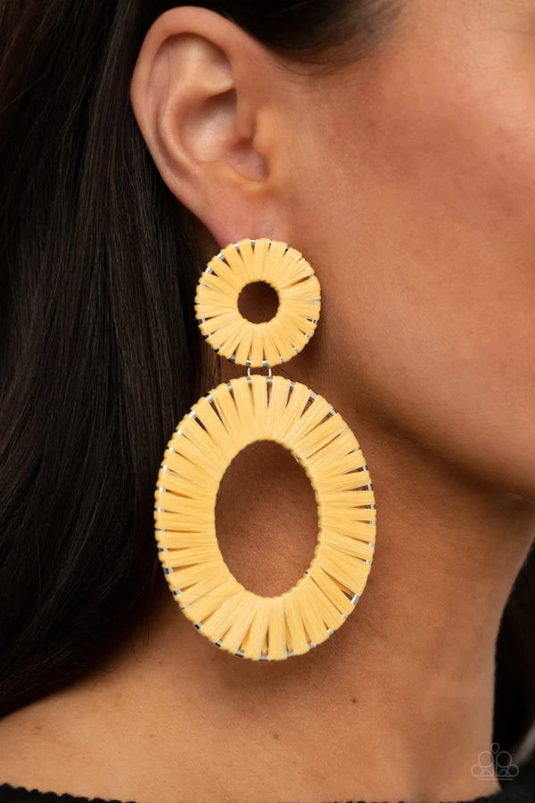 Foxy Flamenco - Oversized Yellow Marigold Oval/Circular Cerulean Wicker Accent Earrings E#969