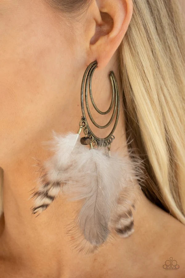 Freely Free Bird - Oversized Brass Airy Ripple Feather Crescent Wood Hoop Earrings E#072