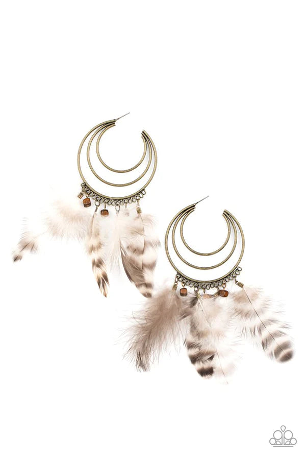 Freely Free Bird - Oversized Brass Airy Ripple Feather Crescent Wood Hoop Earrings E#072