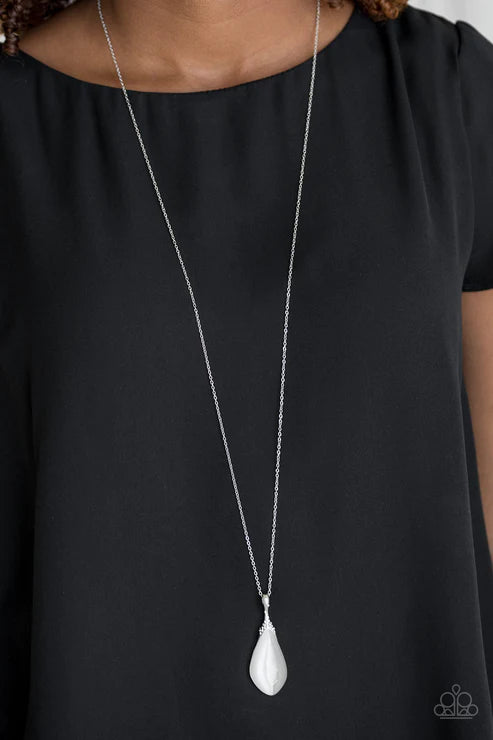 Friends In GLOW Places - White Asymmetrical Encrusted Cat's Eye Moonstone Necklace N#1834