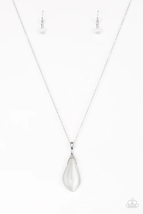 Friends In GLOW Places - White Asymmetrical Encrusted Cat's Eye Moonstone Necklace N#1834