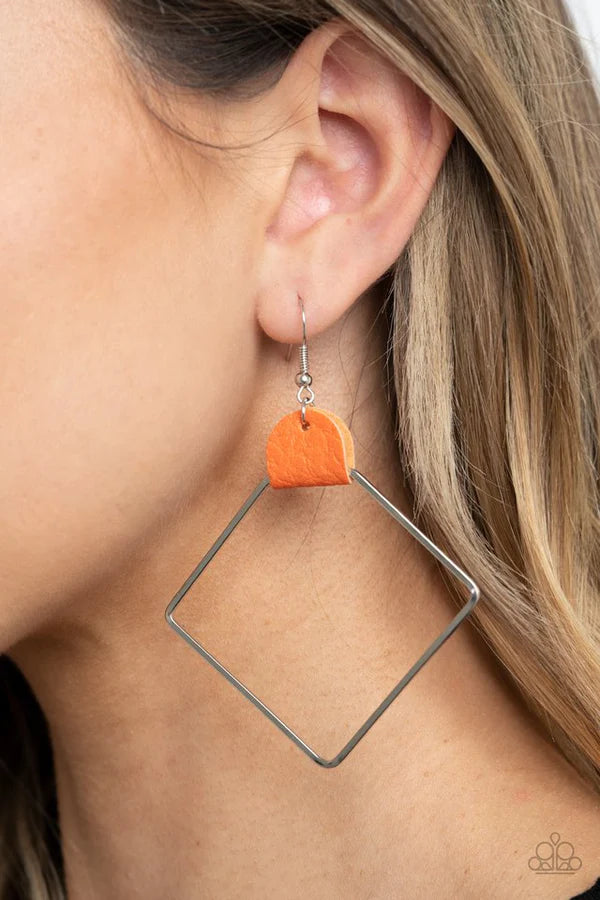 Friends of a LEATHER - Oversized Orange (Amberglow) Airy Geometric Lure Pinched Leather Hoop Earrings E#557