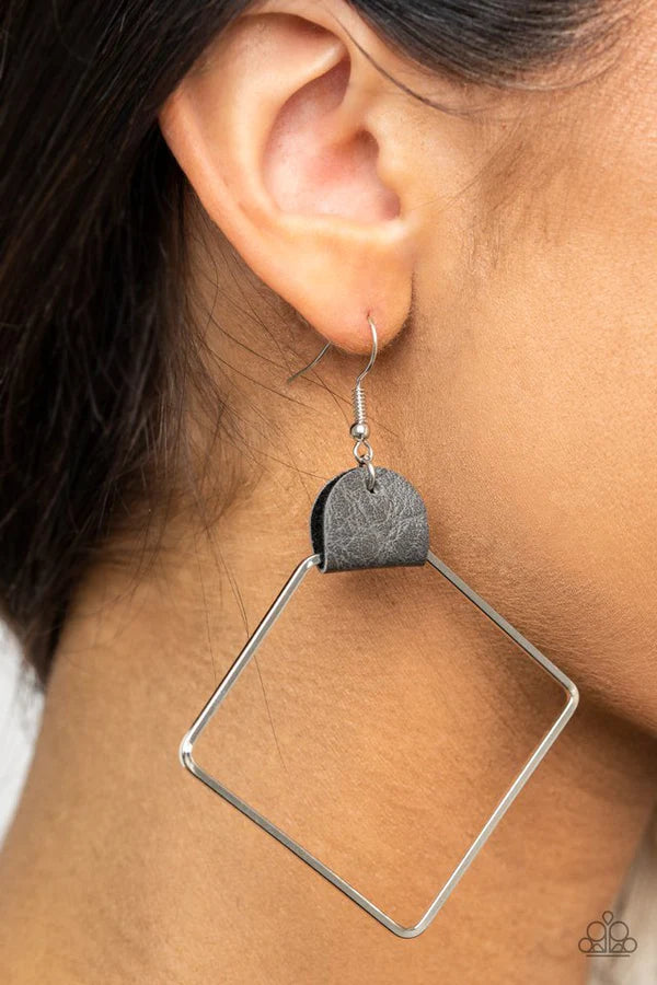 Friends of a LEATHER - Oversized Silver (Gray) Airy Geometric Lure Pinched Leather Hoop Earrings E#1474
