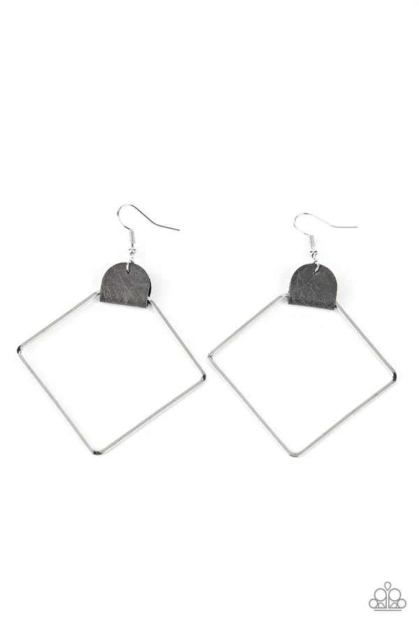 Friends of a LEATHER - Oversized Silver (Gray) Airy Geometric Lure Pinched Leather Hoop Earrings E#1474