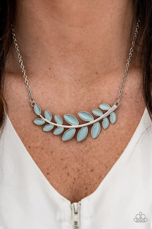Frosted Foliage - Blue Curved 3D Leafy Branch Dotted Cat's Eye Moonstone Necklace N#1047