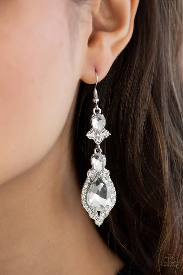 Fully Flauntable - White Round/Teardrop Encrusted Stacked Earrings E#1472