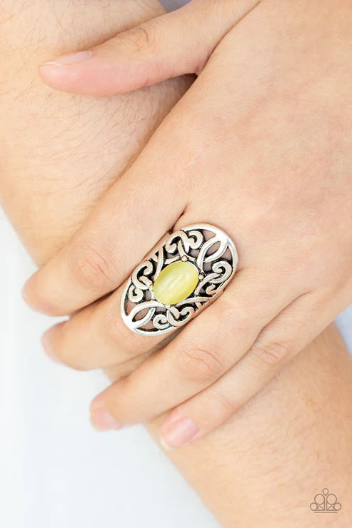 GLEAM Big - Oversized Yellow Oval Swirl Vine Filigree Cat's Eye Moonstone Ring R#1784