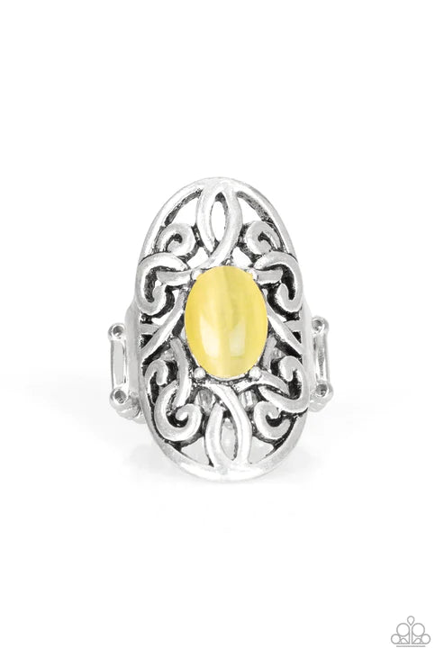 GLEAM Big - Oversized Yellow Oval Swirl Vine Filigree Cat's Eye Moonstone Ring R#1784
