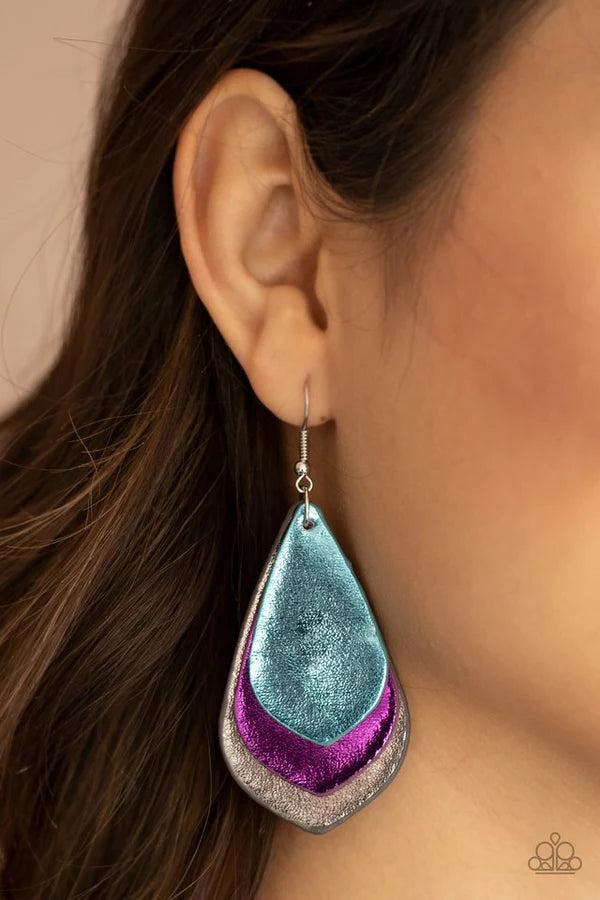 GLISTEN Up! - Metallic Multi (Blue/Purple/Gray) Shimmer Teardrop Leather Earrings E#1478