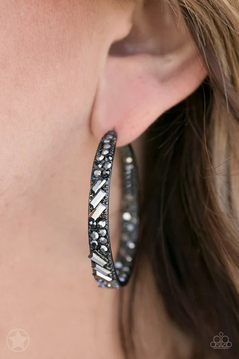 GLITZY By Association - Oversized Black/Gunmetal Dipped Encrusted Hoop Earrings E#2131