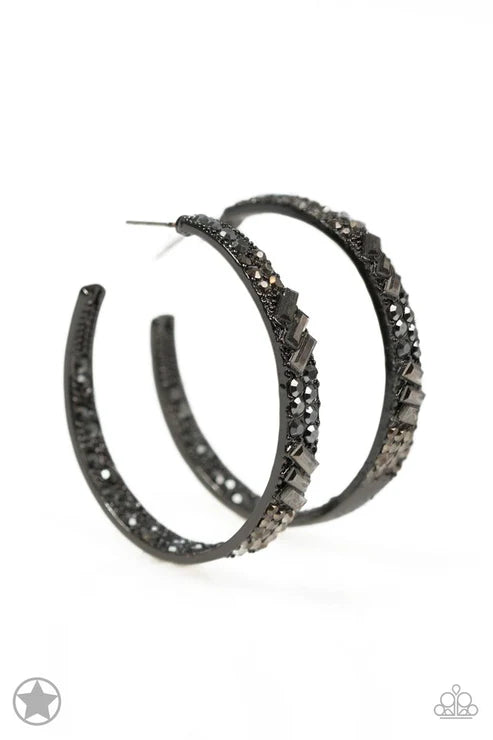 GLITZY By Association - Oversized Black/Gunmetal Dipped Encrusted Hoop Earrings E#2131