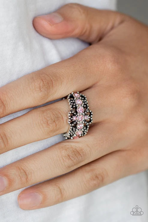 GLOW Your Mind - Pink Dotted Encrusted Frilly Filigree Ring R#2231