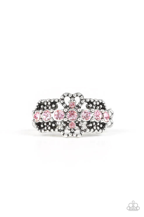 GLOW Your Mind - Pink Dotted Encrusted Frilly Filigree Ring R#2231