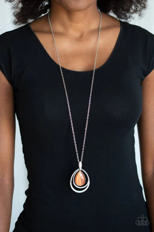 GLOW and Tell - Orange Cat's Eye Moonstone Encrusted "Swing" Teardrop Necklace N#2507