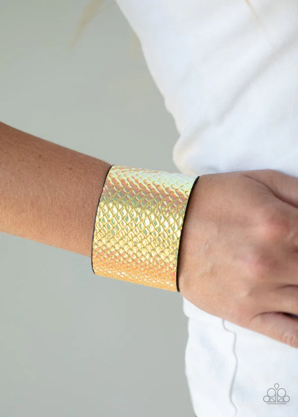 Galactic Galapagos - Oversized Multi/Yellow Metallic Iridescent Crocodile Textured Leather Bracelet B#745