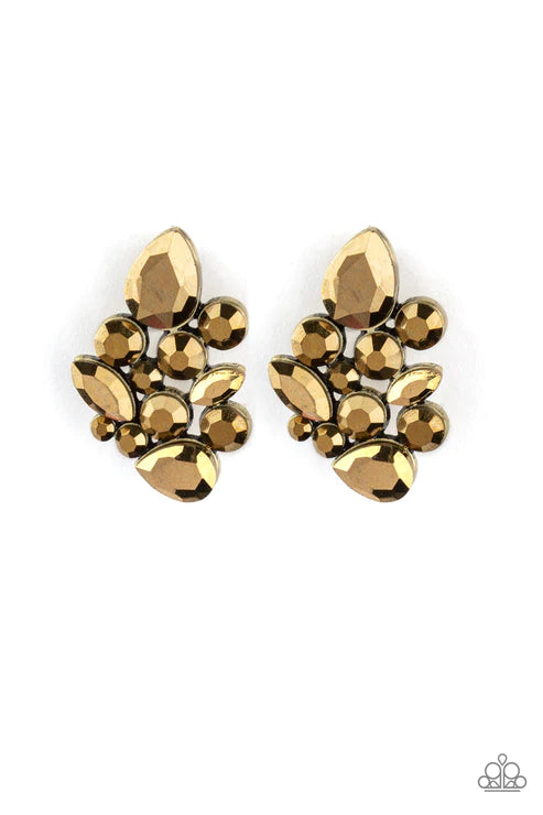 Galaxy Glimmer - Brass Aurum Encrusted Collision Round/Marquise Cut/Teardrop Earrings E#2682