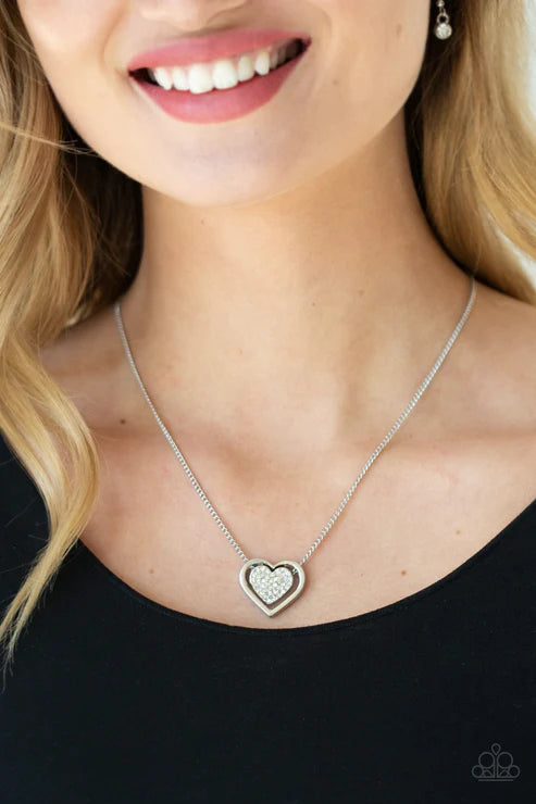 Game, Set, MATCHMAKER - White Suspended 3D Double Heart Encrusted Necklace N#2559