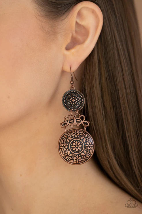 Garden Adventure - Oversized Copper Antique Embossed Studded Floral Vine Disc Earrings E#2244