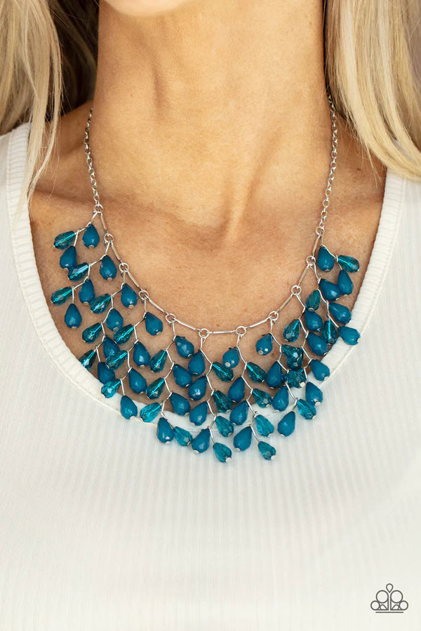 Garden Fairytale - Oversized Blue Mykonos Opaque Crystal Cluster Ethereally Leafy Fringe Teardrop Necklace N#047