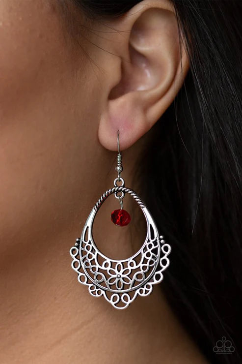 Garden Society - Oversized Red Floral Swirl Filigree Crystal Teardrop Earrings E#2080