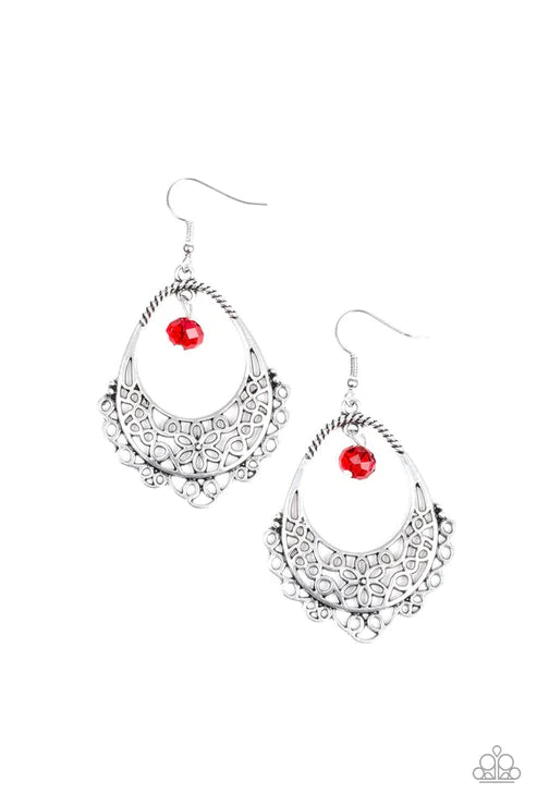 Garden Society - Oversized Red Floral Swirl Filigree Crystal Teardrop Earrings E#2080