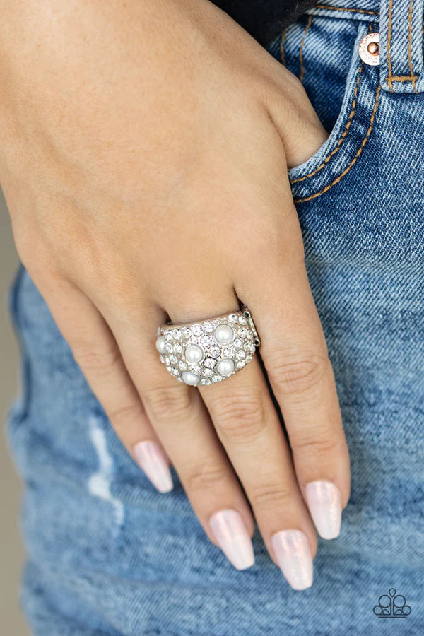 Gatsbys Girl - Oversized White Bubbly Pearl Explosion Encrusted Ring R#113
