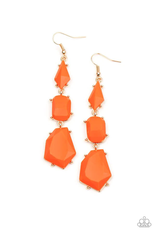 Geo Getaway - Oversized Orange/Gold Imperfect Faceted Amberglow Encased Studded Lure Earrings E#1350