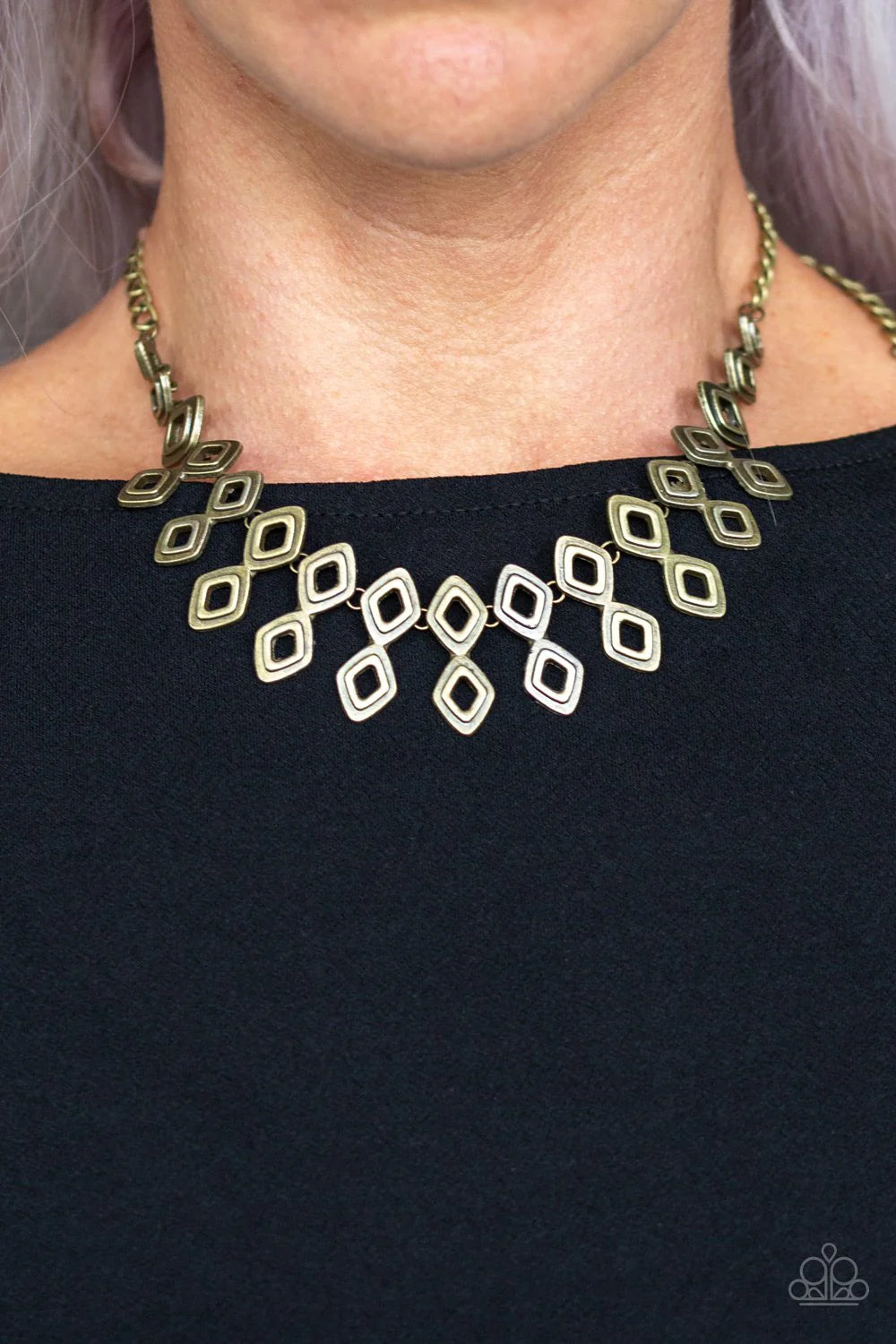 Geocentric - Oversized Brass 3D Geometric Diamond Link Fringe Necklace N#305