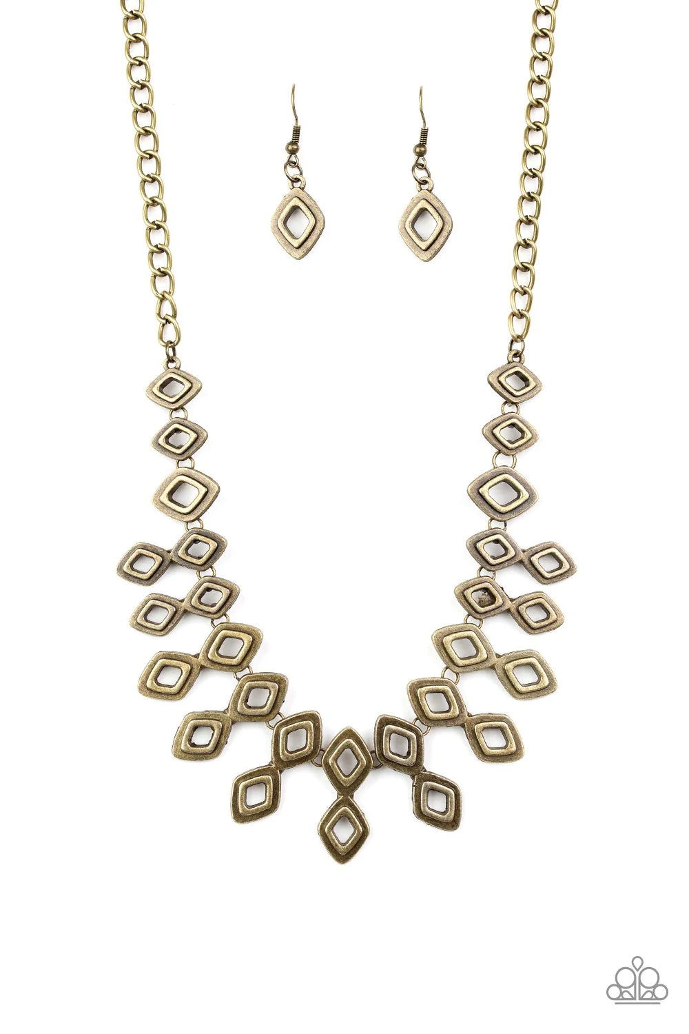 Geocentric - Oversized Brass 3D Geometric Diamond Link Fringe Necklace N#305