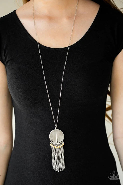 Get A ROAM! - Oversized Yellow Scratched Disc Chains Stream Fringe Necklace N#2050