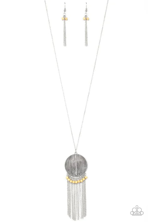Get A ROAM! - Oversized Yellow Scratched Disc Chains Stream Fringe Necklace N#2050