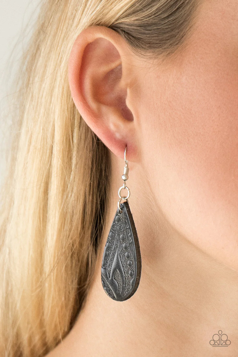 Get In The Groove - Stamped Black Paisley Leather Teardrop Earrings E#1447