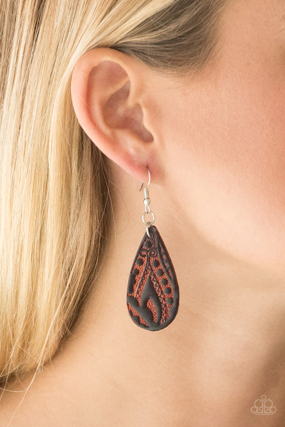 Get In The Groove - Stamped Brown Paisley Leather Teardrop Earrings E#1410