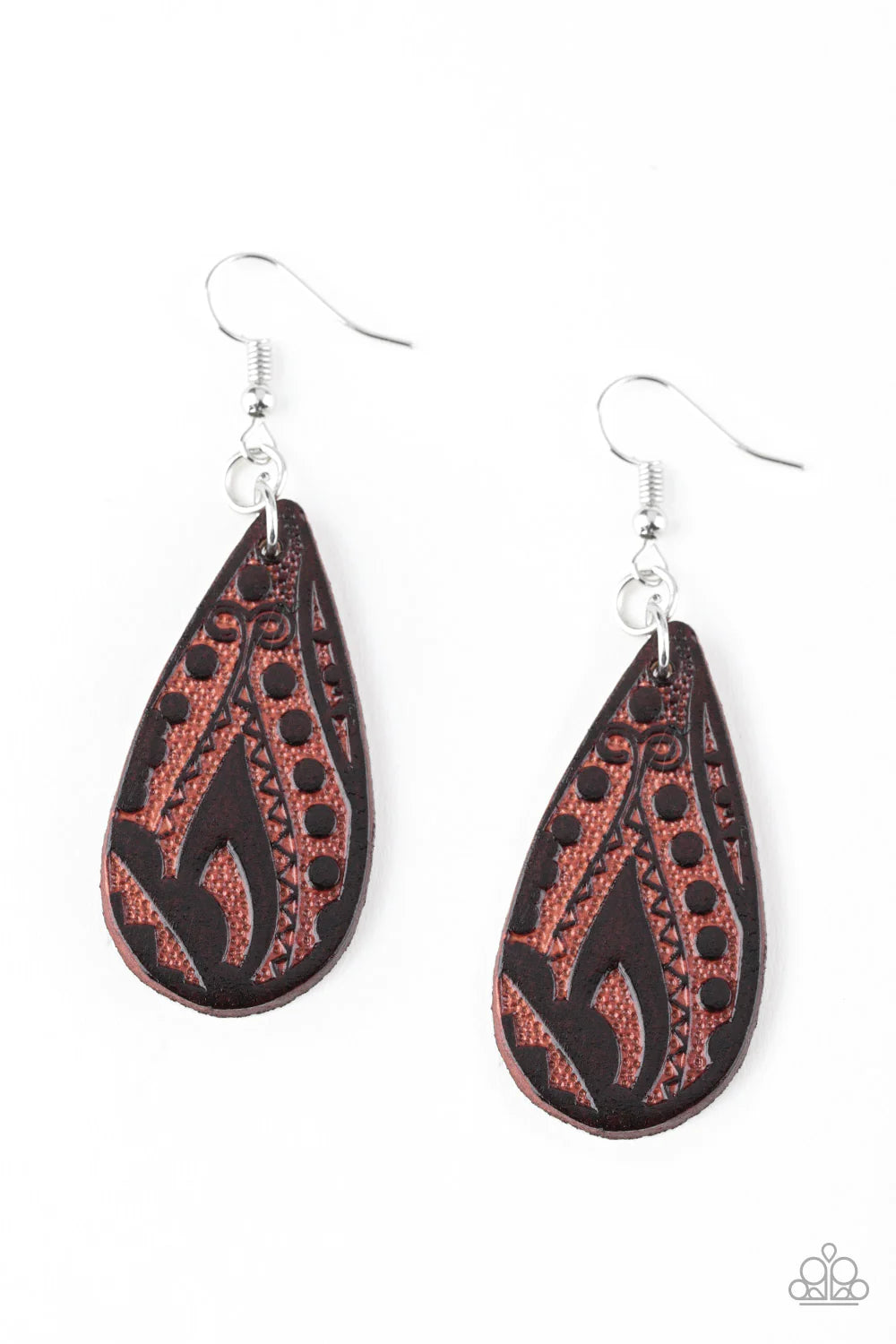 Get In The Groove - Stamped Brown Paisley Leather Teardrop Earrings E#1410