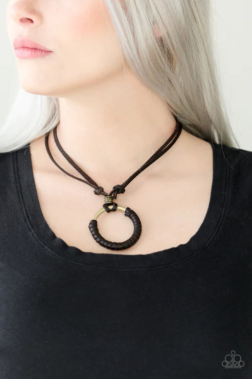 Get Over GRIT! - Oversized Brown/Brass Rugged Hoop Leather Sliding Knot Closure Urban Necklace N#1666