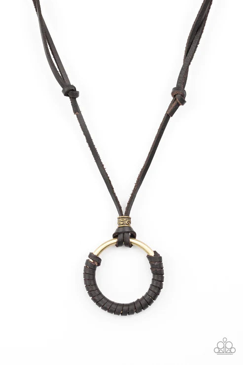 Get Over GRIT! - Oversized Brown/Brass Rugged Hoop Leather Sliding Knot Closure Urban Necklace N#1666