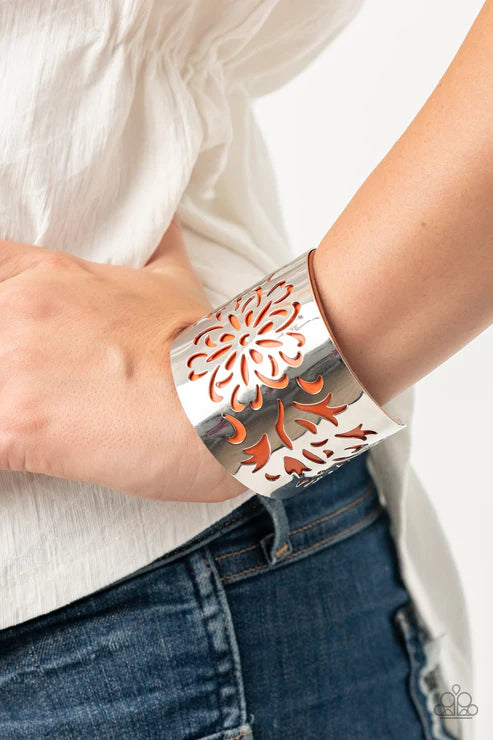 Get Your Bloom On - Oversized Orange/Silver Airy Stenciled Peek Out Floral Leather Cuff Bracelet B#2537
