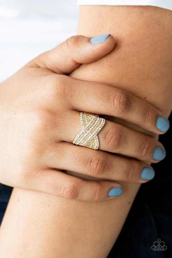 Girl Boss Glitter - Oversized Gold Dotted Rows White Encrusted Blinding Gunmetal Frames CrissCross Dramatic Ring R#1202