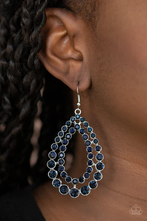 Glacial Glaze - Oversized Blue Rows Of Blue Encrusted Coalesce Duo Blinding Teardrops Jaw-Dropping Dazzle Earrings E#2627